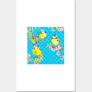 Yellow tit birds on blue lattice background Posters and Art